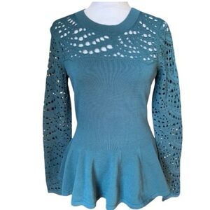MILLY Crewneck Pointedly Lace Peplum Fit and Flare Teal Top